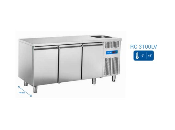 Tavolo refrigerato tre porte RC 3100LV inox, 0/+8° con lavello.