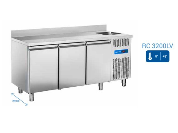 Tavolo refrigerato tre porte RC 3200LV inox, 0/+8° con lavello.